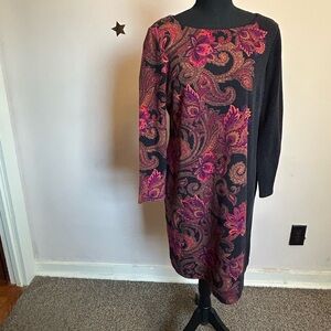 Sandra Darren Black and Pink Paisley Long Sleeve Dress